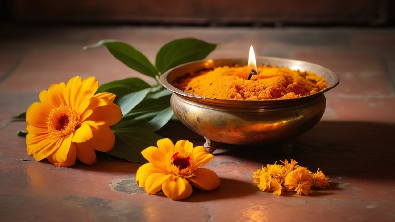 A brass bowl of turmeric paste with marigolds, betel leaves and an oil lamp