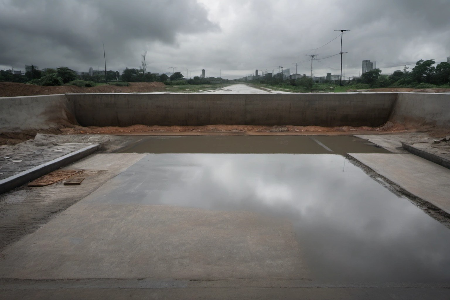Unfinished concrete stormwater drain structure with rainwater pooled on it under a grey monsoon sky