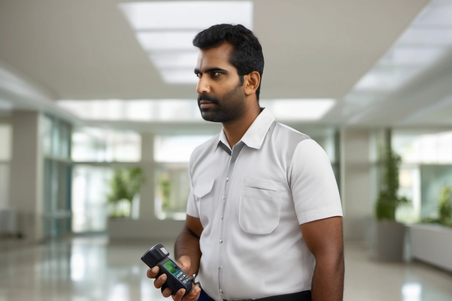 Representational illustration of a technician testing mobile signal inside a modern apartment lobby