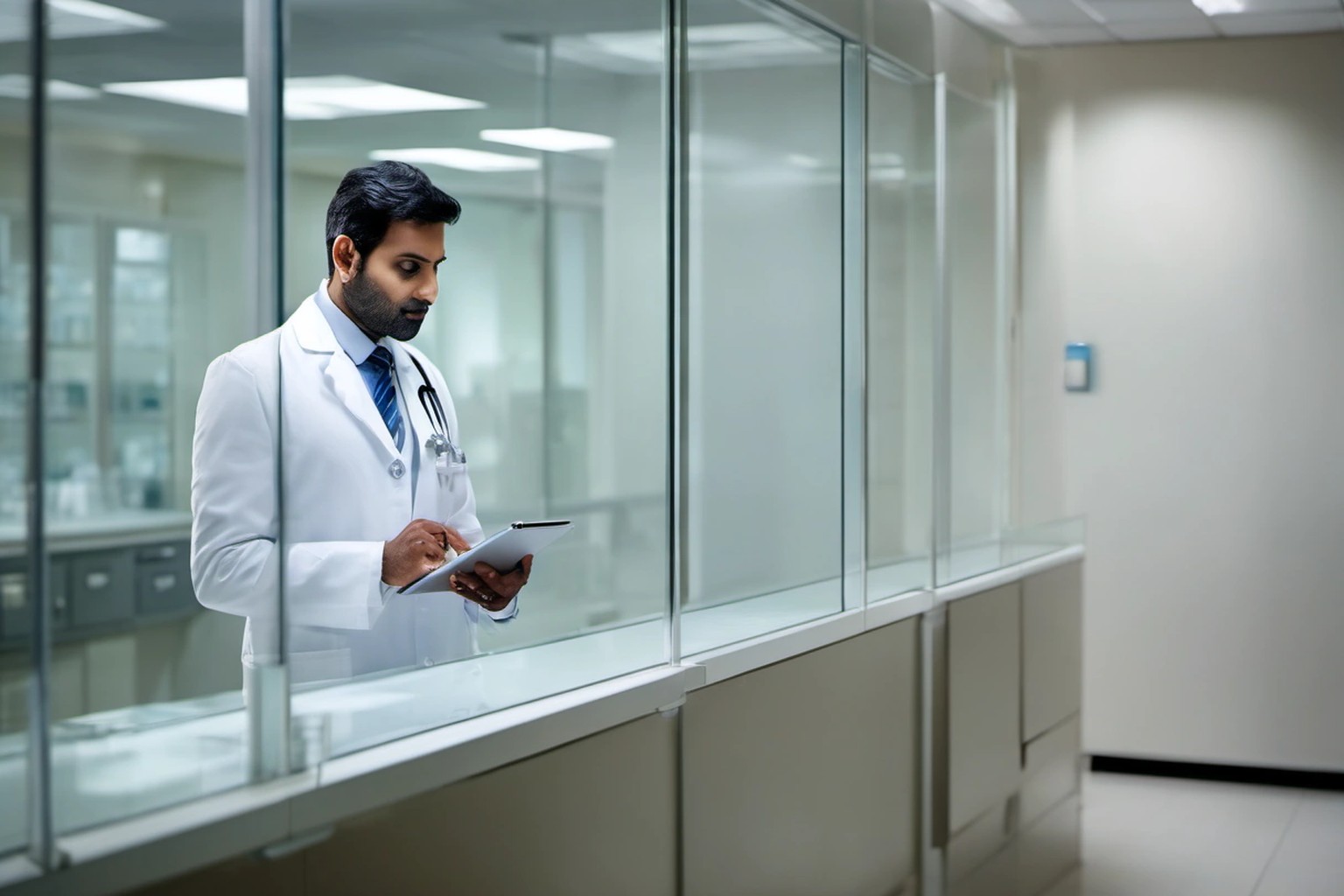 Representational illustration of a hospital records room with a doctor using a tablet beside server racks