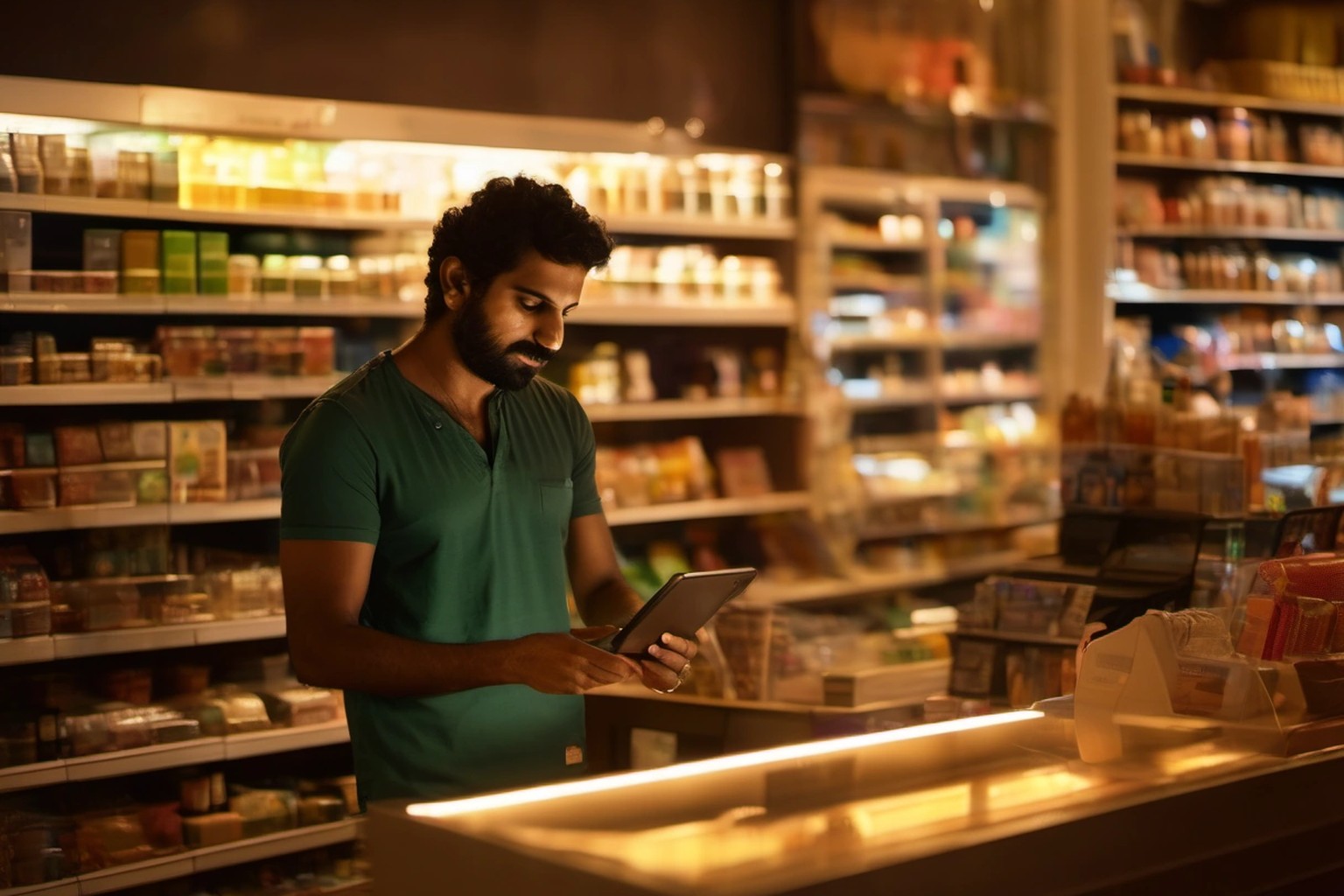 Representational illustration of a shopkeeper at a billing counter using a card payment terminal and tablet