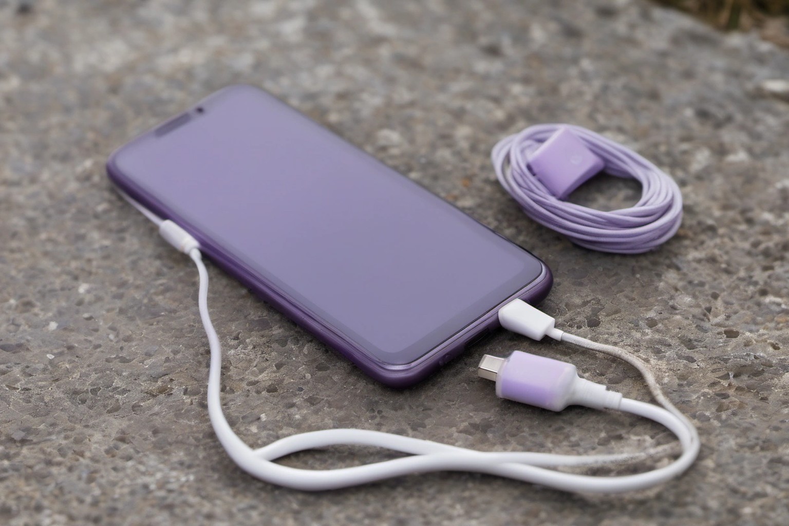 Representational illustration of a rugged budget smartphone lying on a concrete step beside a charging cable