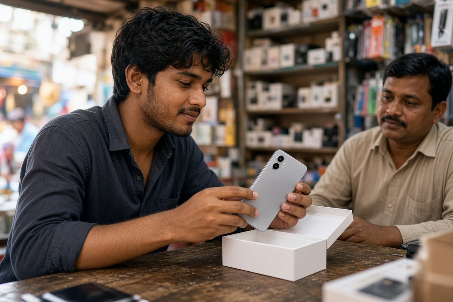 Representational illustration of a young man unboxing a new budget 5G smartphone at an electronics shop counter in India