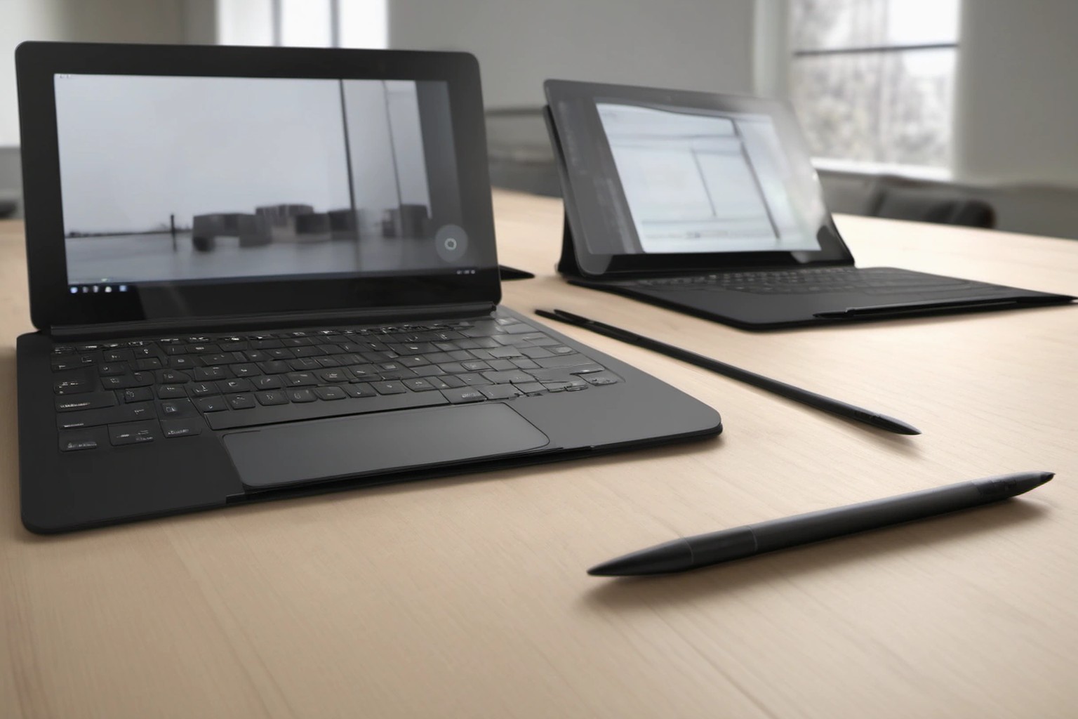 Representational illustration of a thin black 2-in-1 tablet with keyboard and a slim laptop on a desk