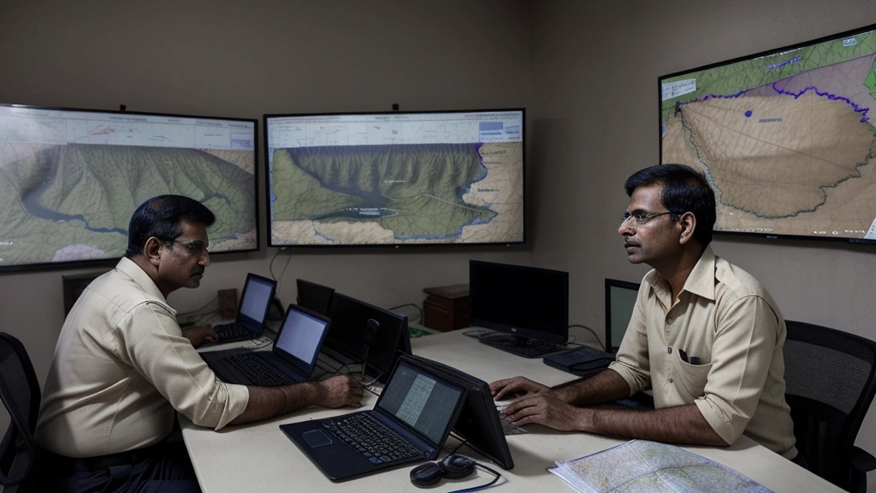 Meteorologists monitoring monsoon screens in an Indian weather office, soft daylight, faces not focus, no logos or text