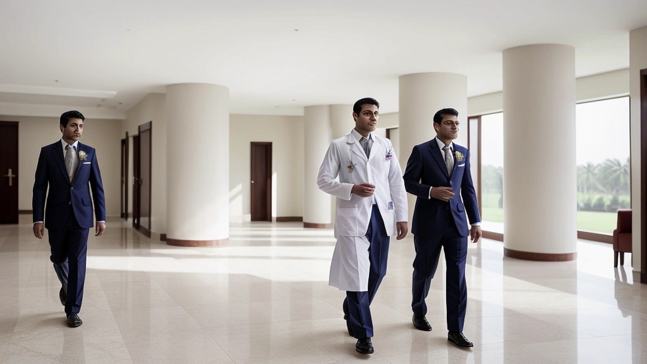 Doctors entering a modern Indian hotel conference lobby with badges, side and back views, no logos or readable text