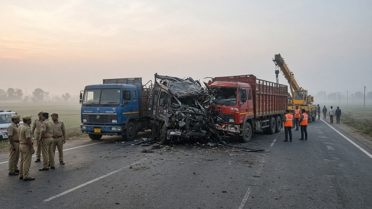 Three Trucks Collide on NH-19 at Mirzamurad; Driver Cut Free From Cabin