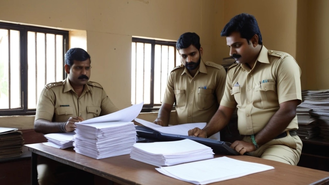 Men in khaki police uniforms and plain clothes gathered around a wooden desk piled with stacks of papers and a laptop in an office