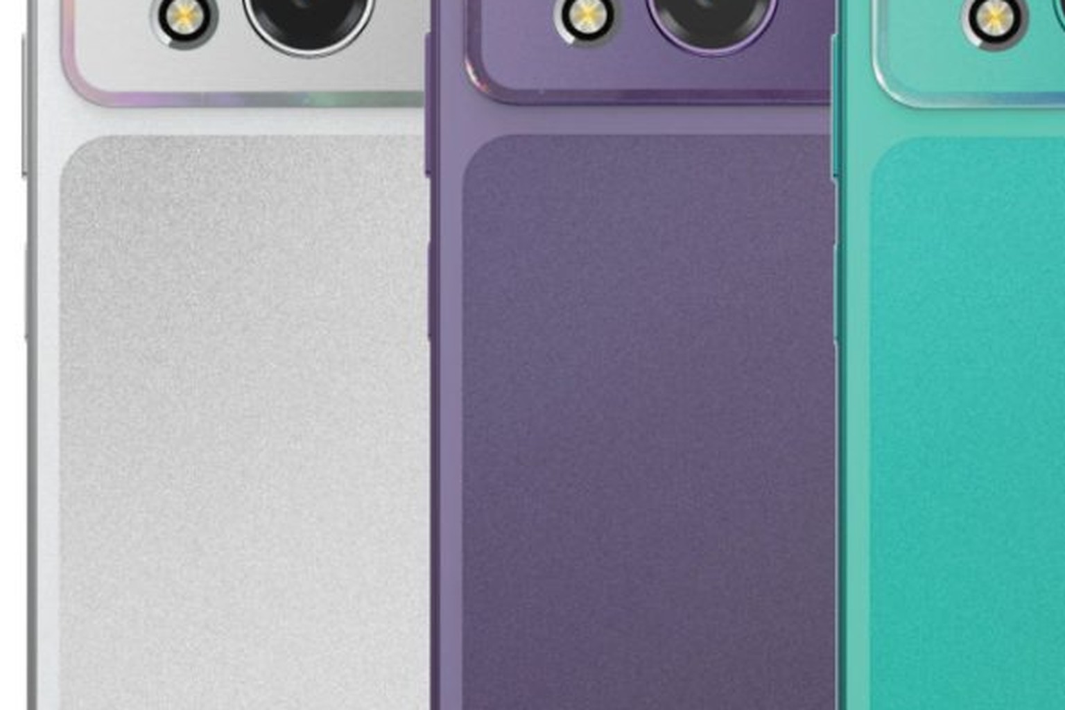 Three HMD Vibe2 Pro smartphones in silver, purple and teal showing rear camera modules
