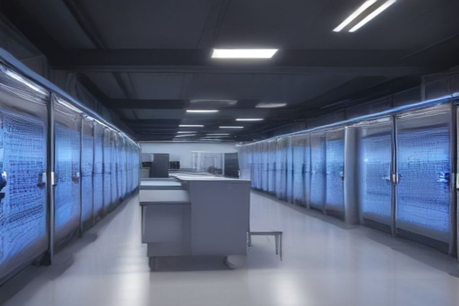 Cool blue lit data centre aisle lined with mesh-covered GPU server racks