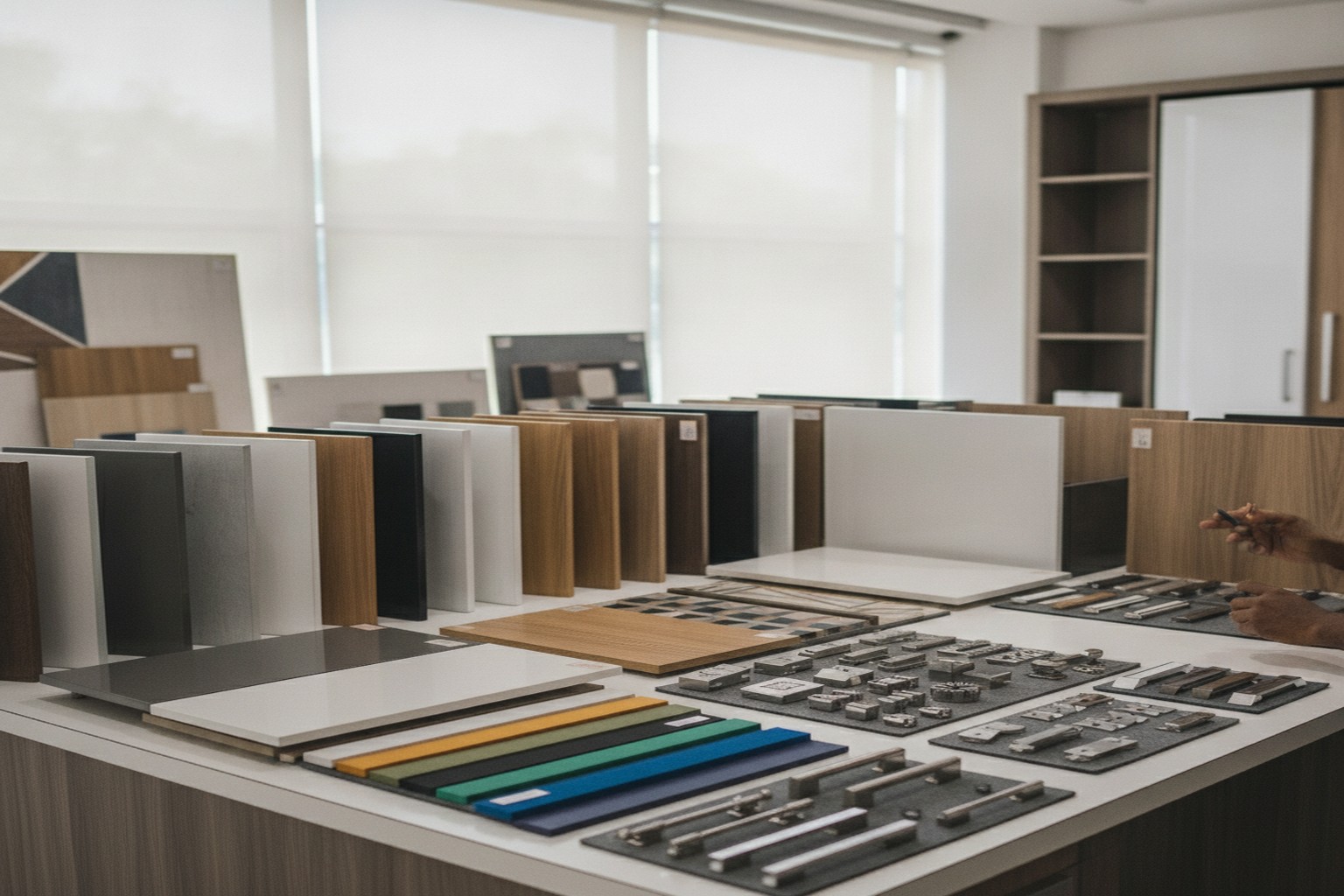 Material laminate boards and cabinet hardware samples laid out on a showroom table in bright natural light