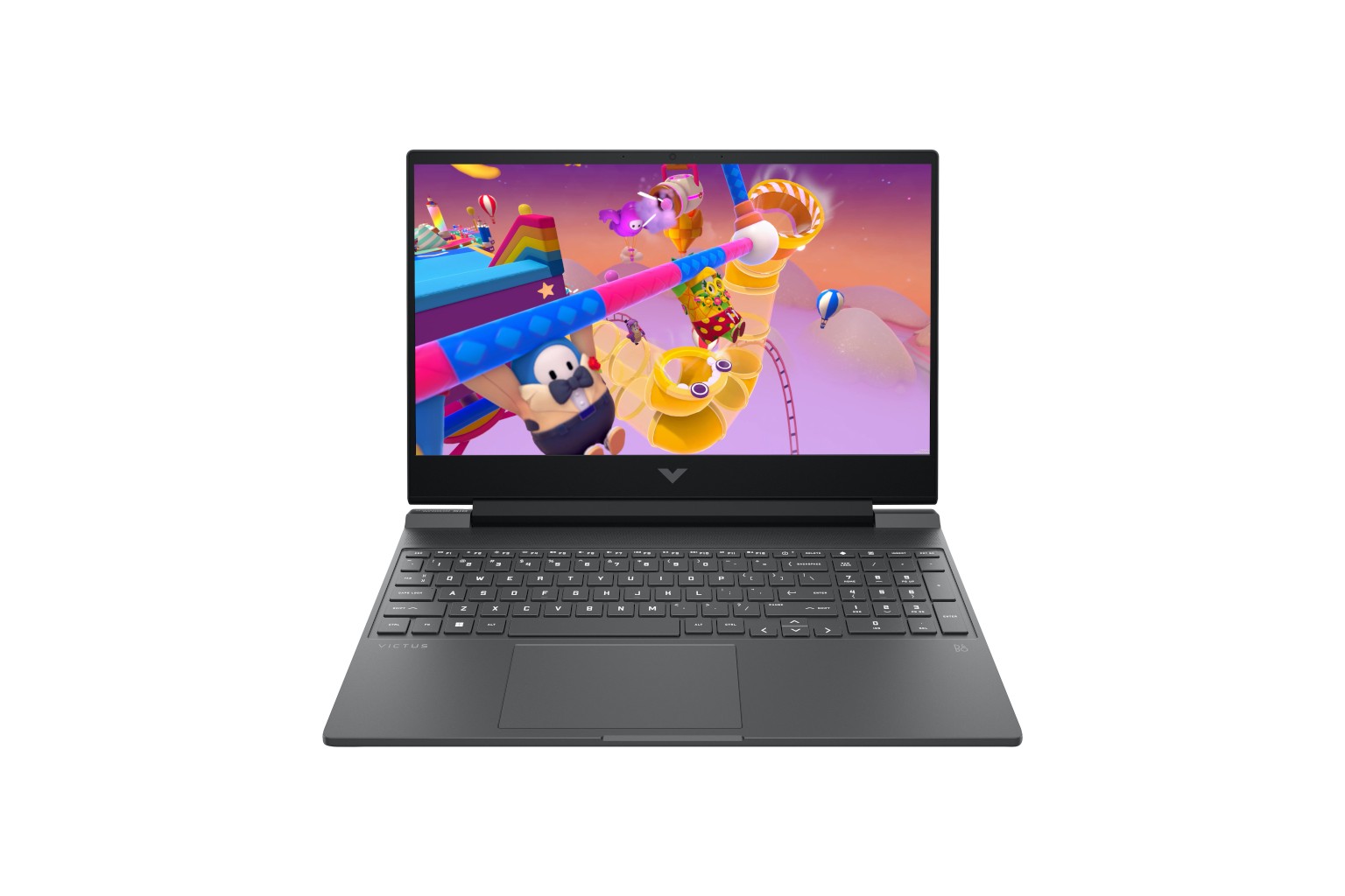 HP Victus 15 gaming laptop shown from the front in mica silver