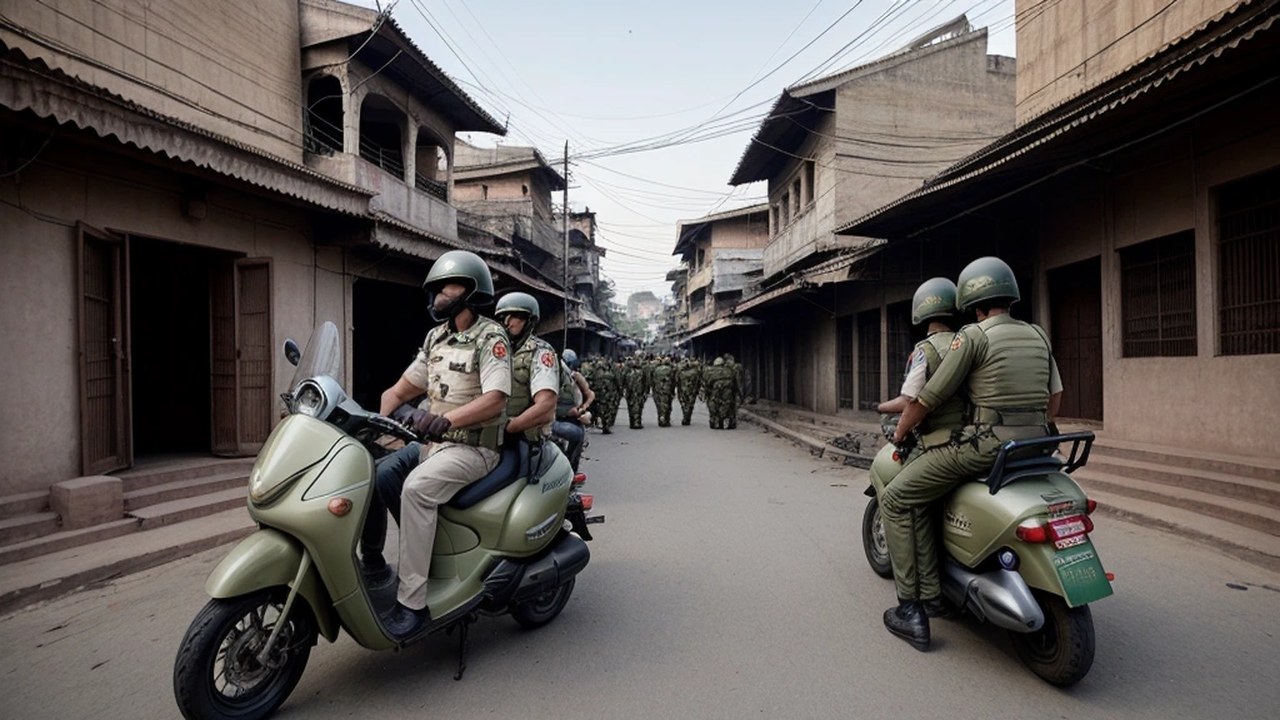 Olive-uniformed security personnel on scooters patrolling a narrow Banaras lane lined with stone buildings