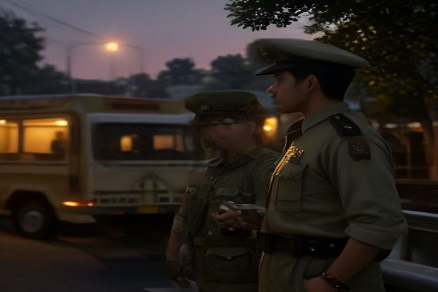 Two khaki-uniformed police officers in peaked caps stand in profile at dusk beside a lit cream bus and a glowing streetlamp on an urban street.