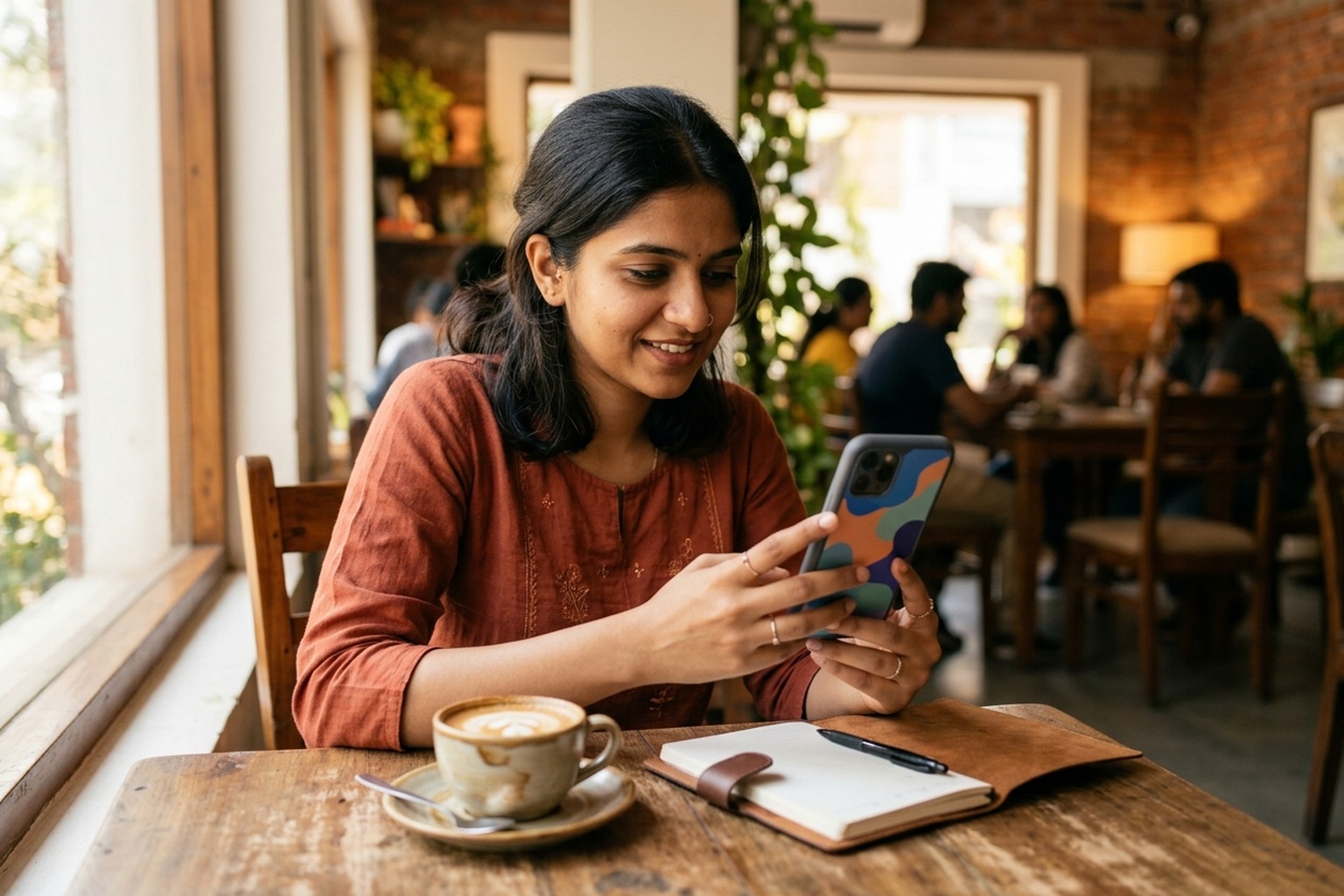 A young woman seated at a cafe table looking at her smartphone, with a coffee cup and a notebook beside her
