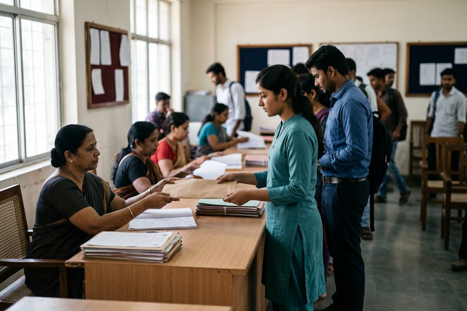 Indian AYUSH college admission counter with young aspirants submitting unmarked document folders to clerks in a brightly lit office