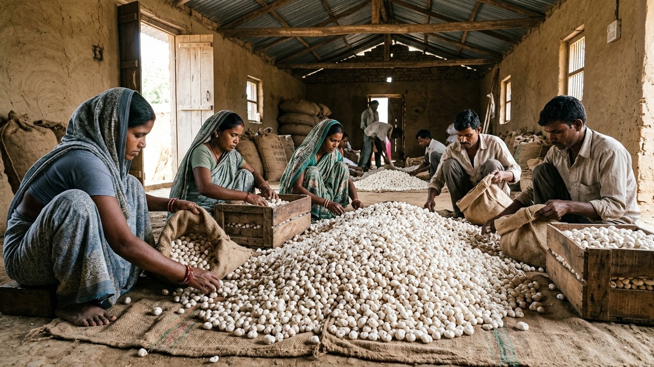 गोदाम में जूट की बोरियों पर बैठे कामगार मखाना की सफेद फलियों को छानते और पैक करते हुए, पीछे लकड़ी के क्रेट और पीली रोशनी